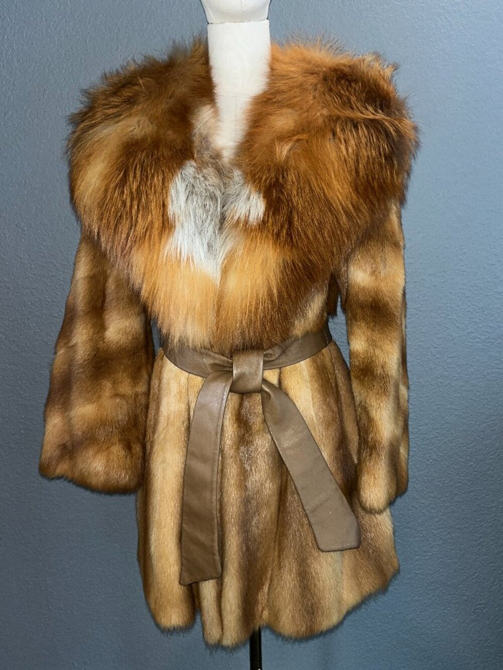 Vintage Genuine Red Fox Fur Western Jacket w/ Leather Tie Belt Shawl Collar - L